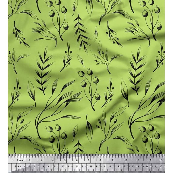 Soimoi Green Moss Georgette Fabric Blueberry Leaves Print Fabric by the Yard 44 Inch Wide