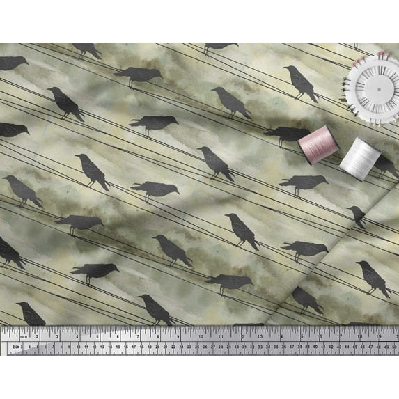 Soimoi Green Moss Georgette Fabric Crow Bird Print Fabric by The Yard 44 Inch Wide