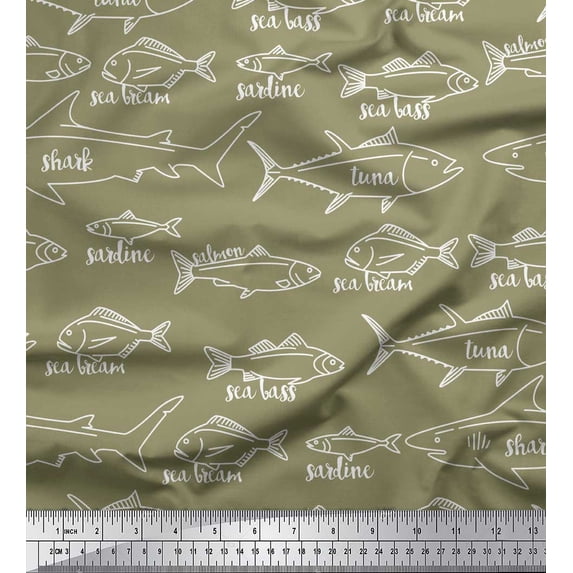Soimoi Green Moss Georgette Fabric Fish Ocean Fabric Prints By Yard 42 Inch Wide