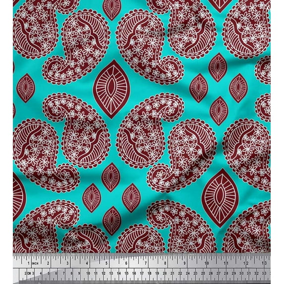 Soimoi Green Moss Georgette Fabric Maroon Paisley Print Fabric by the Yard 42 Inch Wide