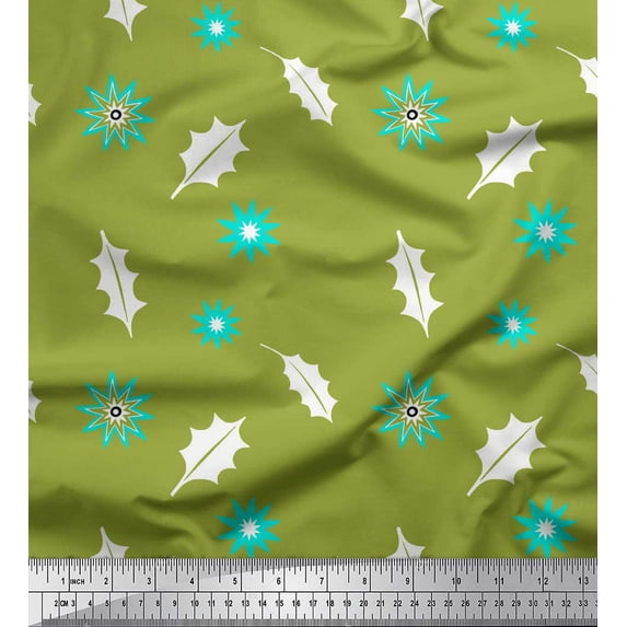 Soimoi Green Moss Georgette Fabric Star & Holly Leaves Print Fabric by the Yard 42 Inch Wide