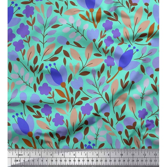 Soimoi Green Poly Georgette Fabric Artistic Leaf & Floral Printed Fabric 1 Yard 42 Inch Wide