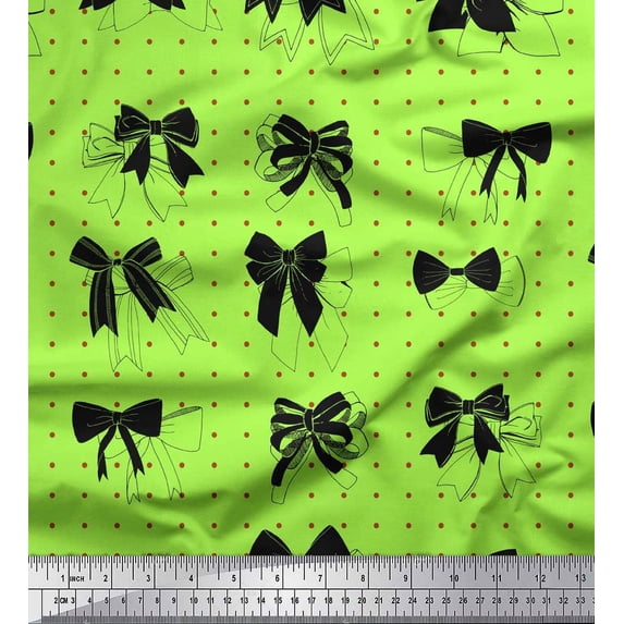 Soimoi Green Poly Georgette Fabric Bow & Dots Print Fabric by the Yard 52 Inch Wide