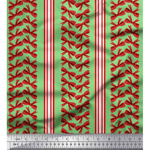Soimoi Green Poly Georgette Fabric Bow & Stripe Print Fabric by Yard 52 Inch Wide