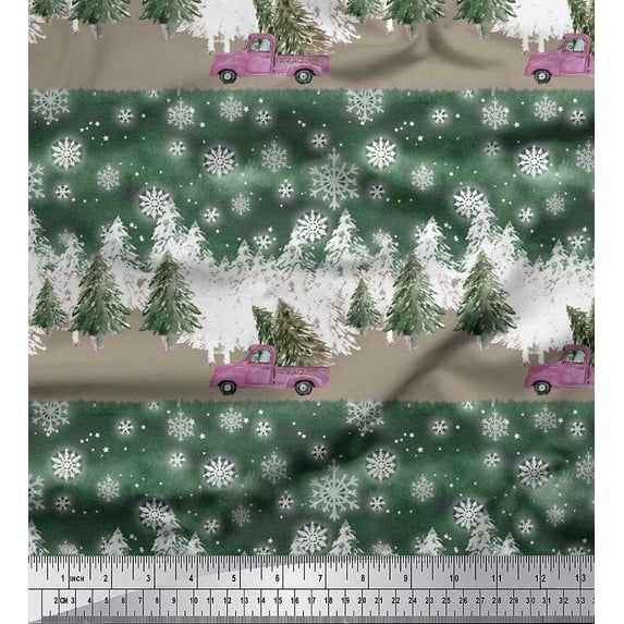 Soimoi Green Poly Georgette Fabric Car & Pine Tree Nature Print Sewing Fabric Yard 42 Inch Wide