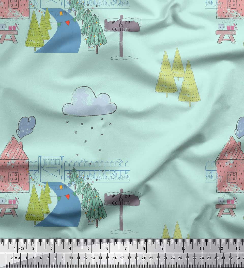 Soimoi Green Poly Georgette Fabric Clouds & Tree Christmas Decor Fabric Printed Yard 52 Inch Wide
