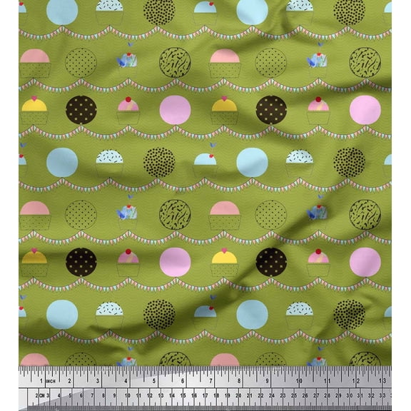 Soimoi Green Poly Georgette Fabric Cookies & Cupcake Food Fabric Prints By Yard 42 Inch Wide