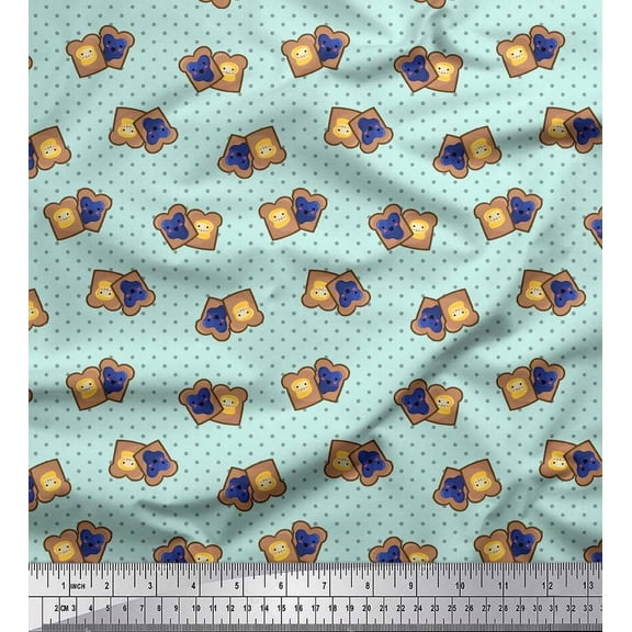 Soimoi Green Poly Georgette Fabric Dot & Sandwich Bread Food Printed Fabric 1 Yard 42 Inch Wide