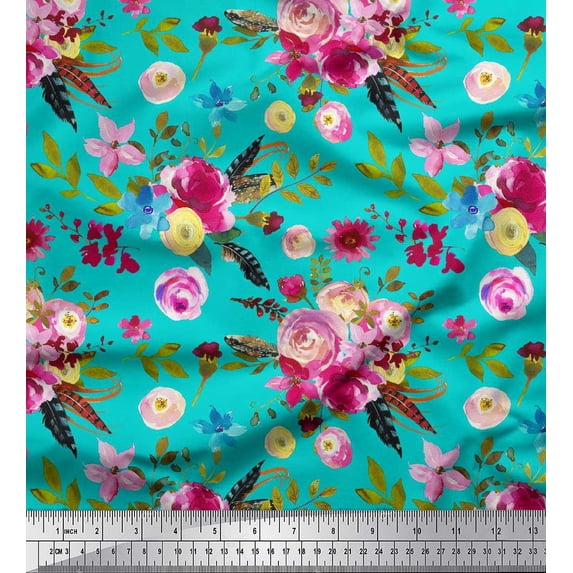 Soimoi Green Poly Georgette Fabric Feather,Leaves & Ranunculus Floral Fabric Prints By Yard 42 Inch Wide