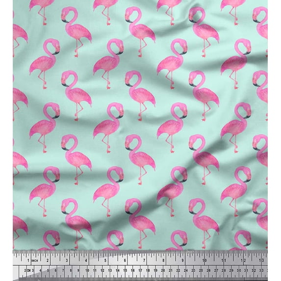 Soimoi Green Poly Georgette Fabric Flamingo Bird Print Sewing Fabric Yard 42 Inch Wide