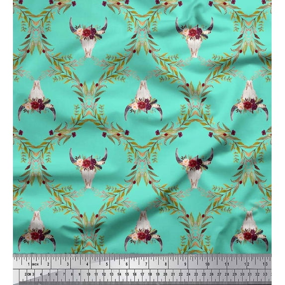 Soimoi Green Poly Georgette Fabric Floral & Cow Skull Head Damask Print Sewing Fabric Yard 42 Inch Wide