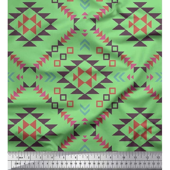 Soimoi Green Poly Georgette Fabric Geometric Ikat Print Fabric by the Yard 42 Inch Wide