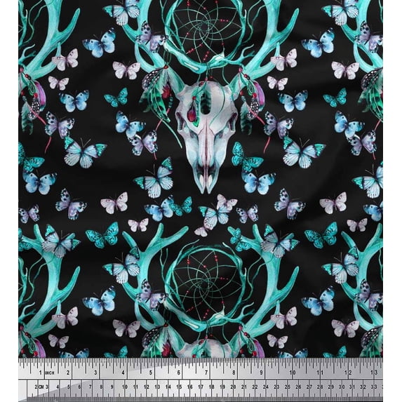 Soimoi Green Poly Georgette Fabric Insect,Dream Catcher & Reindeer Face Animal Print Sewing Fabric BTY 52 Inch Wide