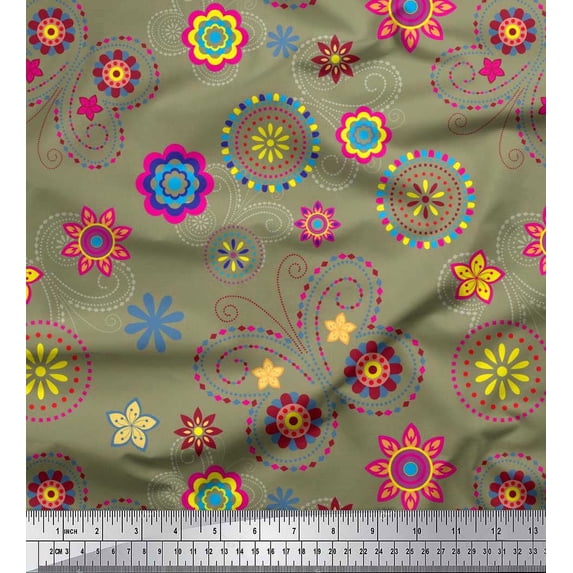 Soimoi Green Poly Georgette Fabric Insect & Floral Clip Art Decor Fabric Printed BTY 52 Inch Wide