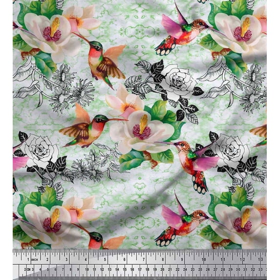 Soimoi Green Poly Georgette Fabric Leaves,Hummingbird & White Floral Decor Fabric Printed BTY 42 Inch Wide