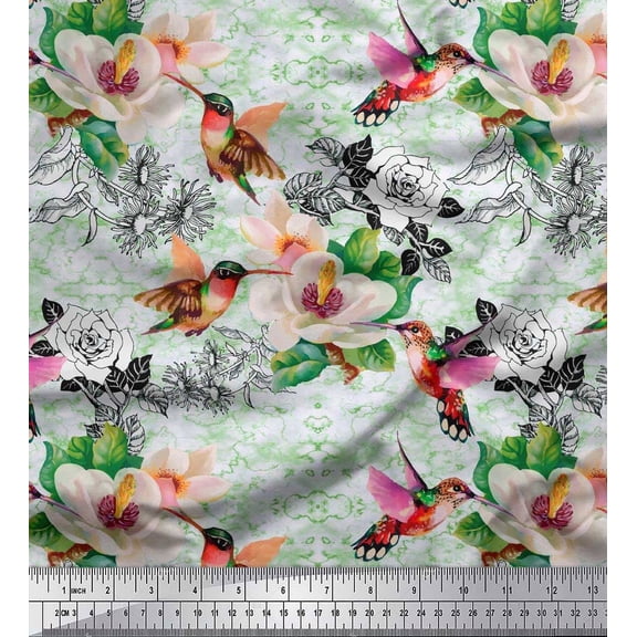 Soimoi Green Poly Georgette Fabric Leaves,Hummingbird & White Floral Decor Fabric Printed BTY 42 Inch Wide