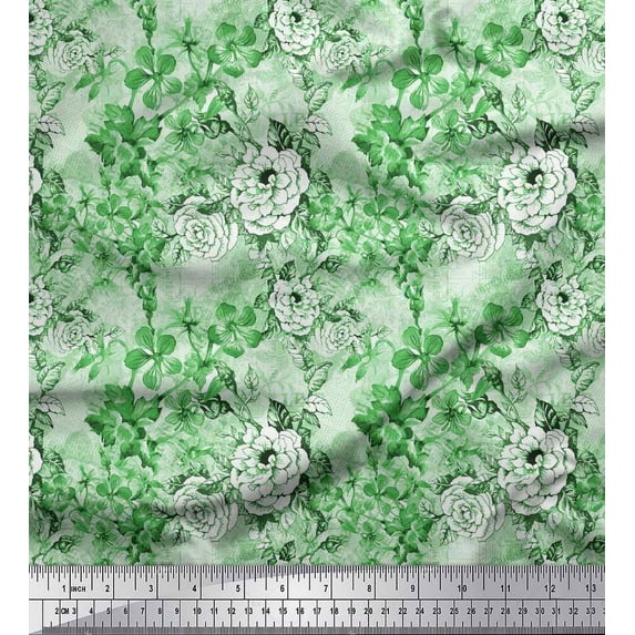 Soimoi Green Poly Georgette Fabric Leaves,Periwinkle & Camellia Floral Decor Fabric Printed Yard 52 Inch Wide