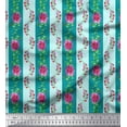 thumbnail image 1 of Soimoi Green Poly Georgette Fabric Leaves,Pink Flower & Stripe Printed Fabric 1 Yard 52 Inch Wide, 1 of 3