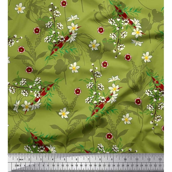 Soimoi Green Poly Georgette Fabric Leaves,Primrose & Cottonball Flower Print Fabric by The Yard 42 Inch Wide