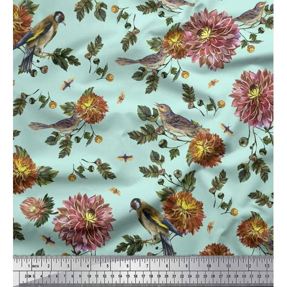 Soimoi Green Poly Georgette Fabric Leaves,Sparrow & Dahlia Floral Print Fabric by the Yard 42 Inch Wide