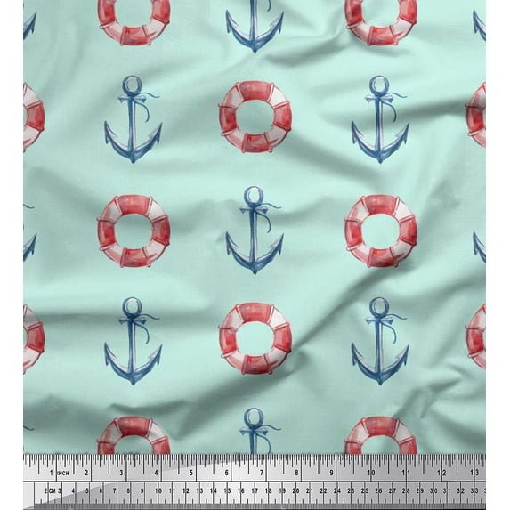 Soimoi Green Poly Georgette Fabric Life Ring & Anchor Hook Nautical Printed Craft Fabric by the Yard 42 Inch Wide