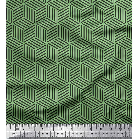 Soimoi Green Poly Georgette Fabric Maze Cube Geometric Print Fabric by the Yard 42 Inch Wide