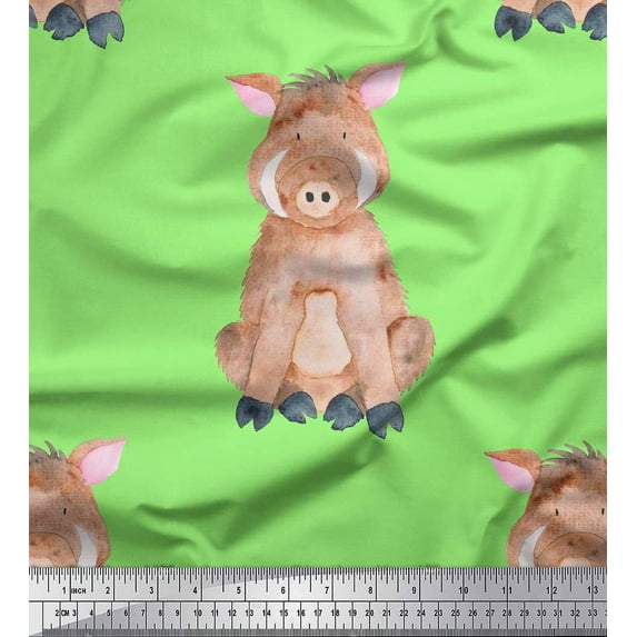Soimoi Green Poly Georgette Fabric Pig Animal Print Fabric by the Yard 42 Inch Wide