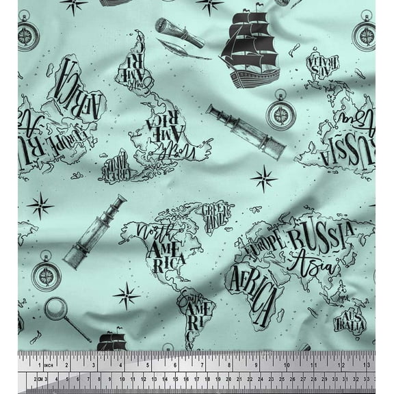 Soimoi Green Poly Georgette Fabric Pirate Ship & Telescope Map Decor Fabric Printed Yard 42 Inch Wide