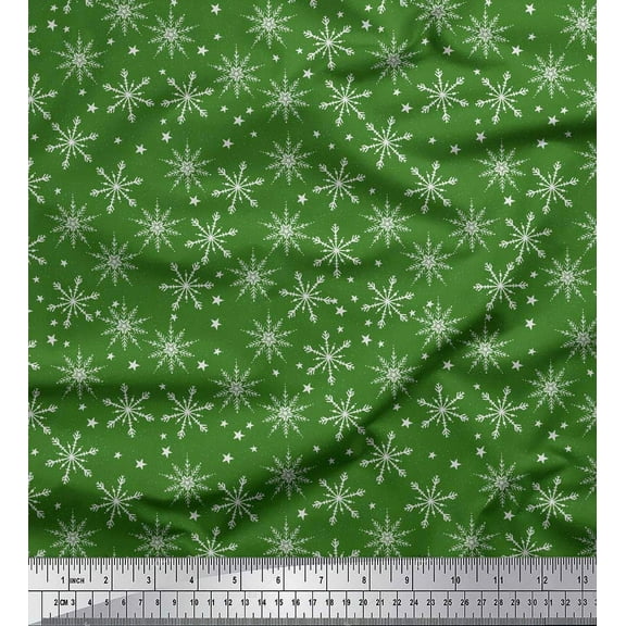 Soimoi Green Poly Georgette Fabric Snow Flakes & Star Printed Fabric 1 Yard 42 Inch Wide