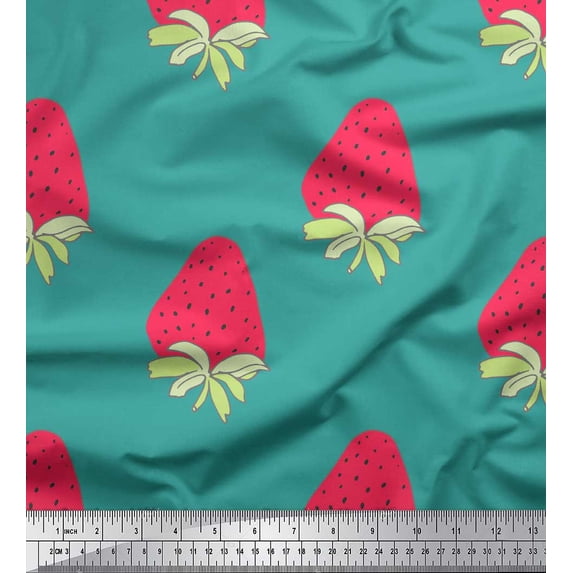 Soimoi Green Poly Georgette Fabric Strawberry Fruits Print Fabric by Yard 42 Inch Wide