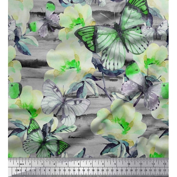 Soimoi Green Poly Georgette Fabric Stripe,Floral & Butterfly Print Sewing Fabric BTY 42 Inch Wide