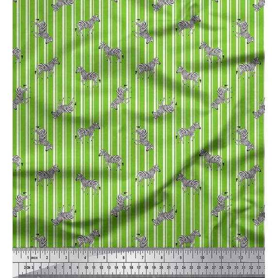 Soimoi Green Poly Georgette Fabric Stripe & Wild Animal Printed Craft Fabric by The Yard 52 Inch Wide