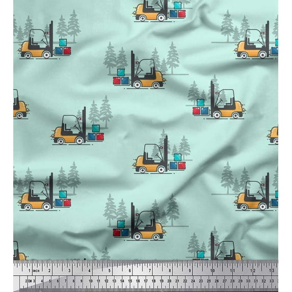 Soimoi Green Poly Georgette Fabric Tree & Forklift Truck Transport Printed Craft Fabric by the Yard 42 Inch Wide