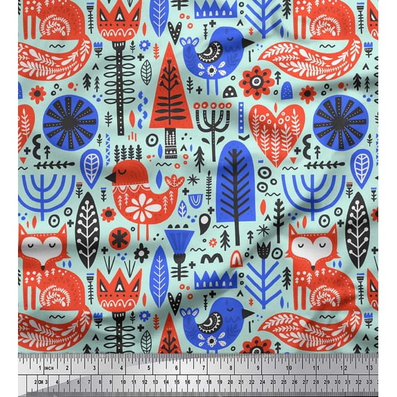 Soimoi Green Poly Georgette Fabric Tree & Fox Folk Art Fabric Prints By Yard 52 Inch Wide