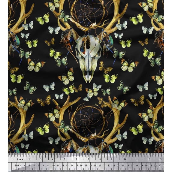 Soimoi Green Polyester Crepe Fabric Insect,Dream Catcher & Reindeer Face Animal Print Fabric by The Yard 42 Inch Wide