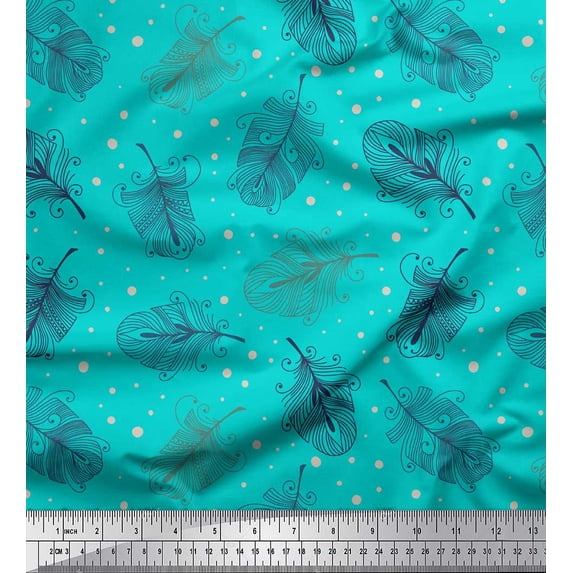 Soimoi Green Rayon Crepe Fabric Artistic Feather Printed Craft Fabric by the Yard 46 Inch Wide