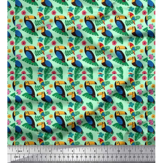 Soimoi Green Rayon Crepe Fabric Birds & Leaves Tropical Decor Fabric Printed Yard 46 Inch Wide
