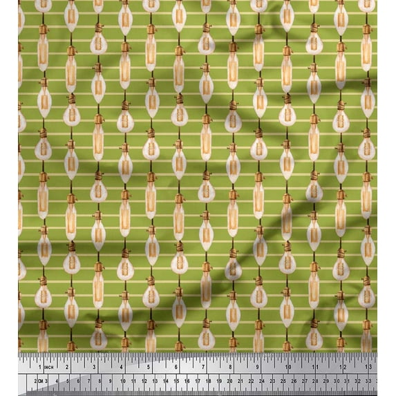 Soimoi Green Rayon Crepe Fabric Bulb & Stripe Print Fabric by Yard 46 Inch Wide