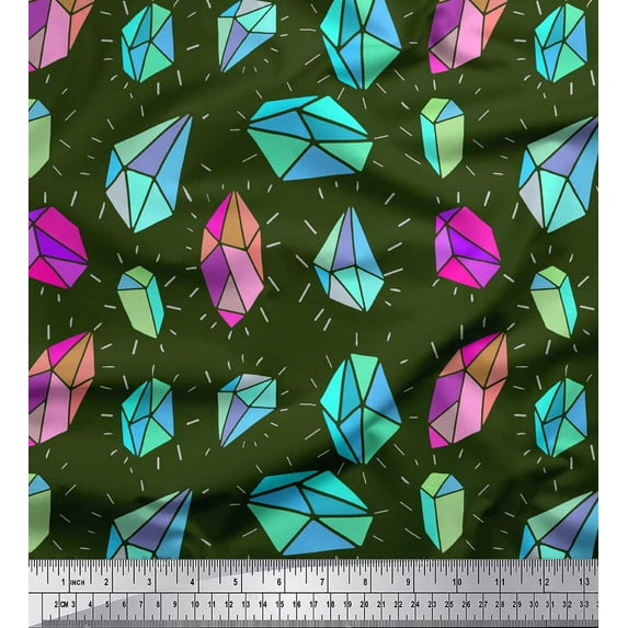 Soimoi Green Rayon Crepe Fabric Crystal Stone Geometric Printed Fabric 1 Yard 46 Inch Wide
