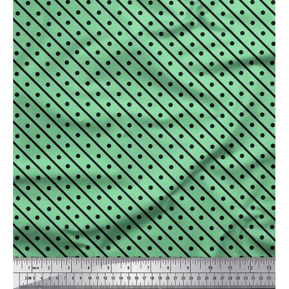 Soimoi Green Rayon Crepe Fabric Diagonal Stripe & Dots Print Sewing Fabric Yard 46 Inch Wide