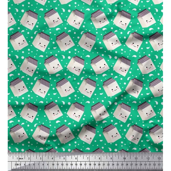 Soimoi Green Rayon Crepe Fabric Dot & Food Packing Box Kitchen Printed Fabric 1 Yard 46 Inch Wide