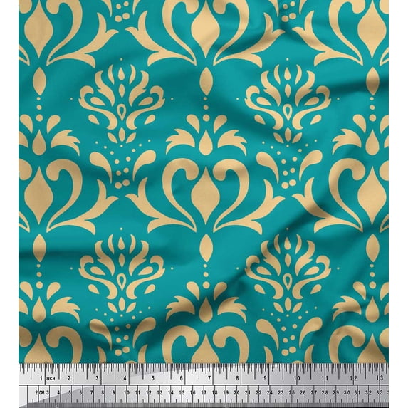 Soimoi Green Rayon Crepe Fabric Filigree Damask Printed Fabric 1 Yard 46 Inch Wide