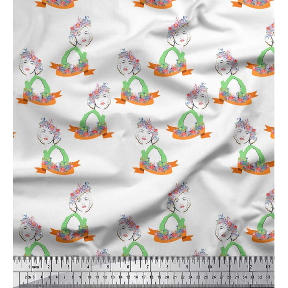 Soimoi Green Rayon Crepe Fabric Flowers & Women Human Figure Printed Fabric 1 Yard 46 Inch Wide