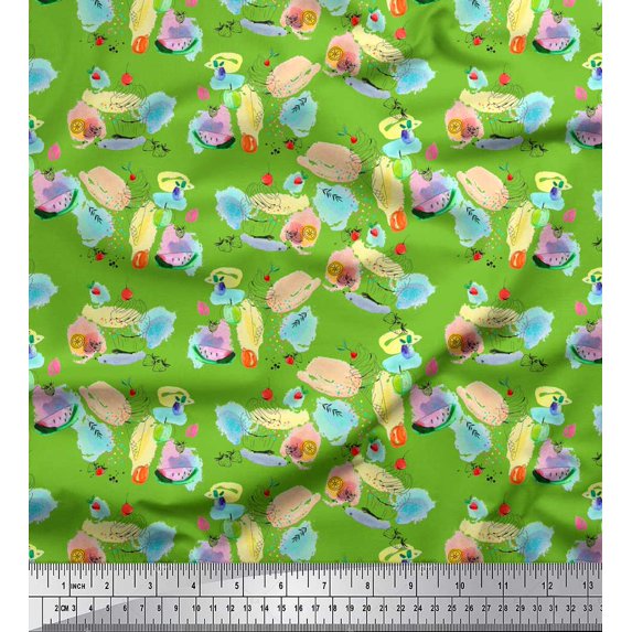 Soimoi Green Rayon Crepe Fabric Fruits & Cookies Food Decor Fabric Printed Yard 46 Inch Wide