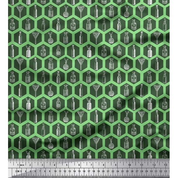 Soimoi Green Rayon Crepe Fabric Honeycomb Design & Designer Bottle Print Sewing Fabric Yard 46 Inch Wide