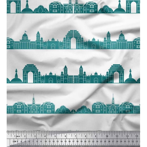 Soimoi Green Rayon Crepe Fabric Indian Monuments Architectural Print Sewing Fabric Yard 46 Inch Wide