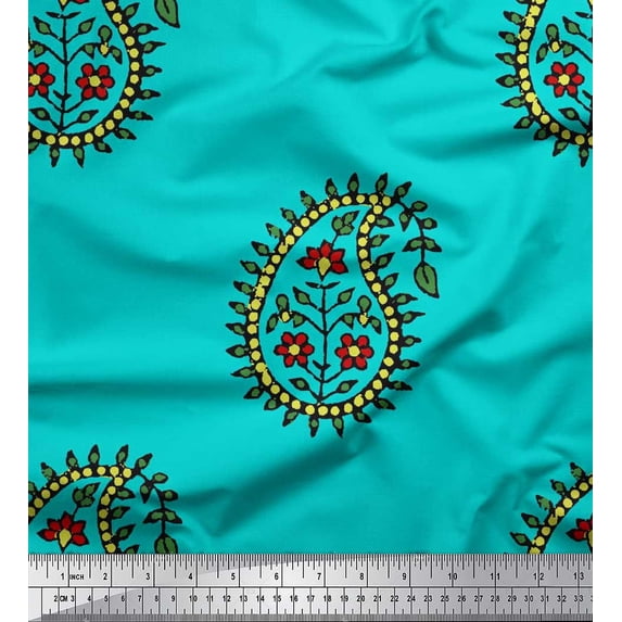 Soimoi Green Rayon Crepe Fabric Leaves,Floral & Paisley Block Printed Fabric 1 Yard 46 Inch Wide