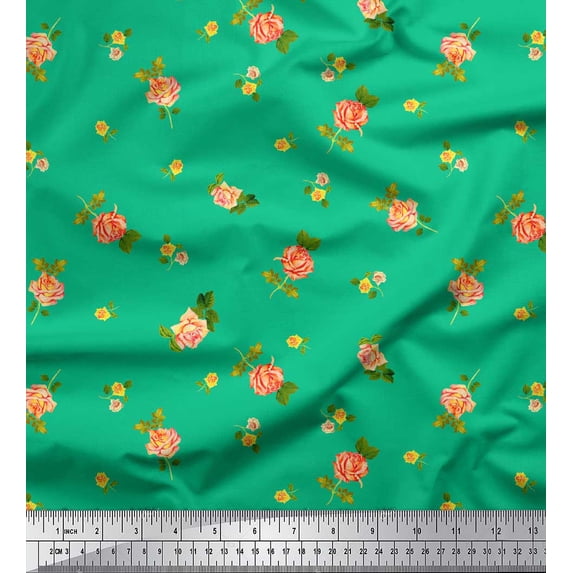 Soimoi Green Rayon Crepe Fabric Leaves & Grandiflora Roses Floral Printed Craft Fabric by the Yard 46 Inch Wide