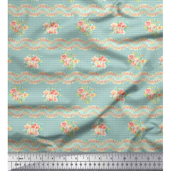 Soimoi Green Rayon Crepe Fabric Leaves,Peach Flower & Stripe Fabric Prints by Yard 46 Inch Wide