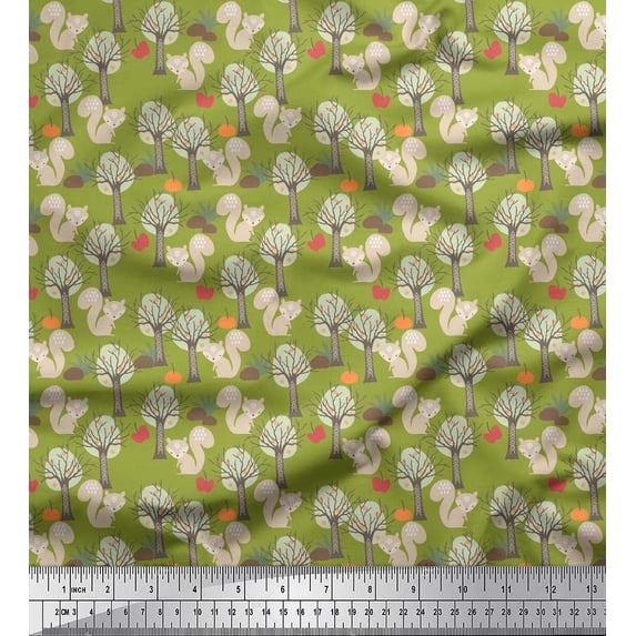 Soimoi Green Rayon Crepe Fabric Squirrel & Dry Tree Fabric Prints By Yard 46 Inch Wide